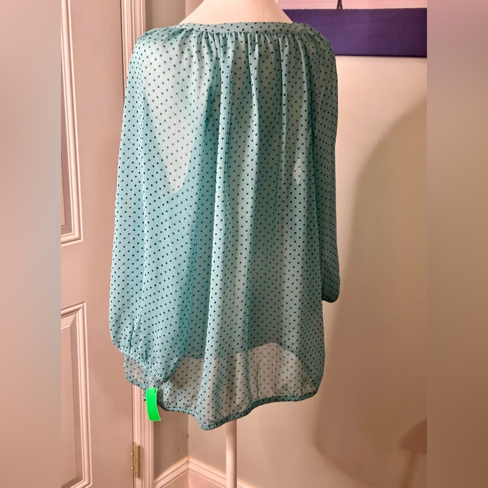 Liz Claiborne Sheer Teal Polka Dot Blouse - Picture 5 of 11